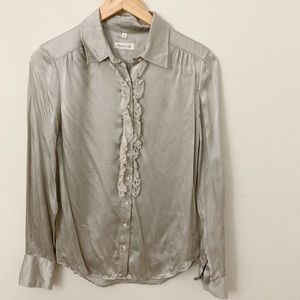 Martin + Osa Silver 100% Silk Ruffle Button Top